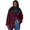 Womens Checkered Teddy-Collar Peacoat