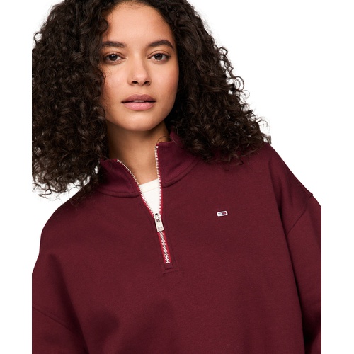 타미힐피거 Womens Cropped Quarter Zip Crewneck Sweatshirt