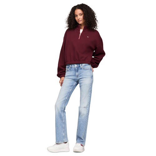 타미힐피거 Womens Cropped Quarter Zip Crewneck Sweatshirt