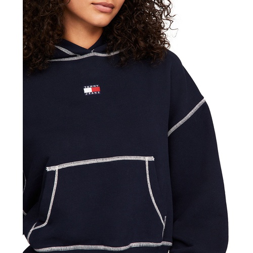 타미힐피거 Womens Boxy Topstitch Cotton Logo Hoodie