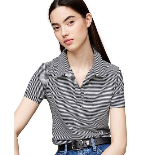 타미힐피거 Womens Striped Short Sleeve Cropped Polo Shirt