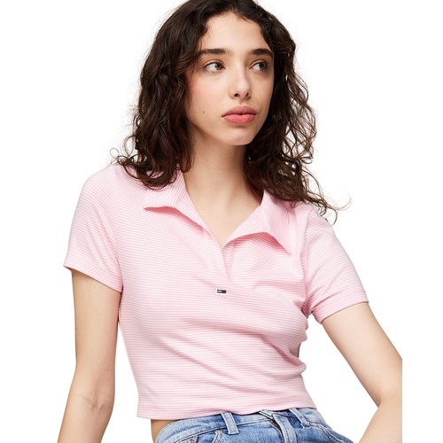 타미힐피거 Womens Striped Short Sleeve Cropped Polo Shirt