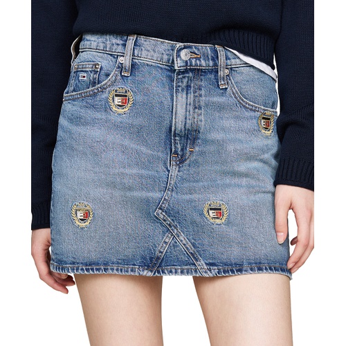 타미힐피거 Womens Izzie Embroidered Crest Denim Miniskirt