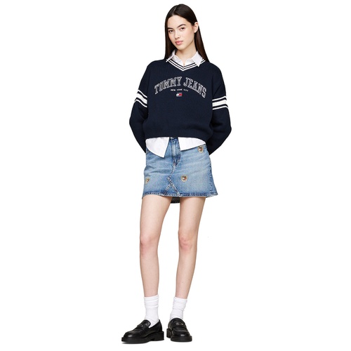 타미힐피거 Womens Izzie Embroidered Crest Denim Miniskirt