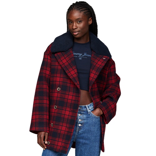 타미힐피거 Womens Checkered Teddy-Collar Peacoat