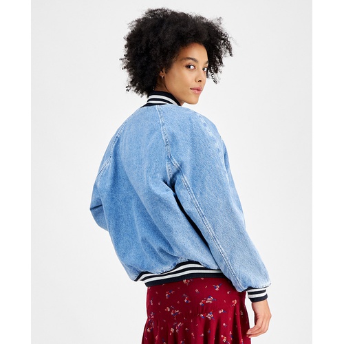 타미힐피거 Womens Denim Snap-Front Cotton Letterman Jacket