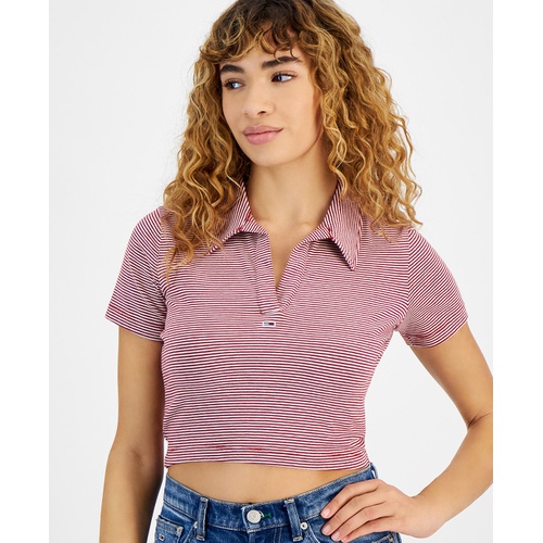 타미힐피거 Womens Striped Short Sleeve Cropped Polo Shirt