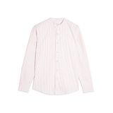 PINK AND WHITE STRIPE STAND COLLAR STRETCH SKINNY OXFORD SHIRT