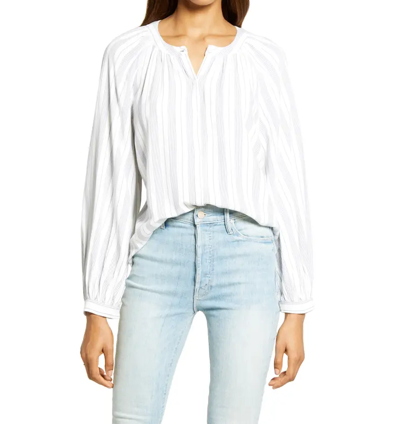 Treasure & Bond Shirred Neck Button-Up Top_IVORY- BLUE CONNER STRIPE
