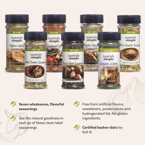  Tastefully Simple Super Seasoning Pack - 7 Pack Ultimate Seasoning Set - Garlic Pepper, Onion Onion, Garlic Garlic, Spinach and Herb, and MORE!