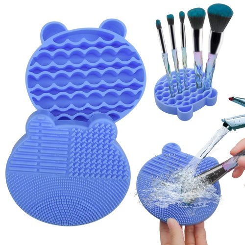  Tenmon Makeup Brush Cleaning Mat, 2 in 1 Silicone Brush, Cleaner Dryer Tray Brush Portable Travel Makeup Brush Scrubber Mat Cleaning Tool (Blue)