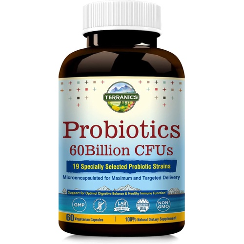 Terranics Probiotics 60 Billion CFU, 20 Strains, 60 Veg Capsules, Prebiotics & Probiotics, Shelf Stable Probiotic Supplement for Men & Women, Digestive & Immune Health, Non-GMO, NO