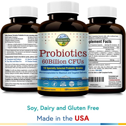  Terranics Probiotics 60 Billion CFU, 20 Strains, 60 Veg Capsules, Prebiotics & Probiotics, Shelf Stable Probiotic Supplement for Men & Women, Digestive & Immune Health, Non-GMO, NO