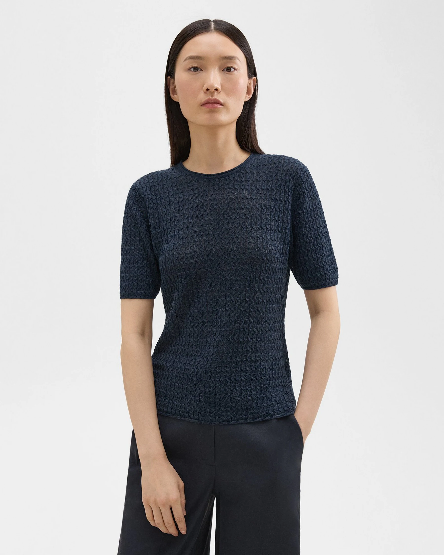 Short-Sleeve Sweater in Cable Knit Linen