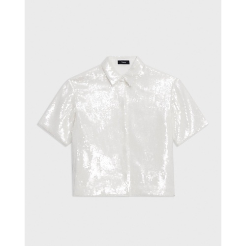 띠어리 Cropped Short-Sleeve Shirt in Recycled Sequins