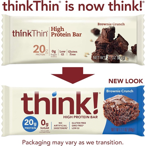  think! (thinkThin) High Protein Bars - Brownie Crunch, 20g Protein, 0g Sugar, No Artificial Sweeteners** Gluten Free, GMO Free*, 2.1 Ounce (10 Count) - Packaging May Vary