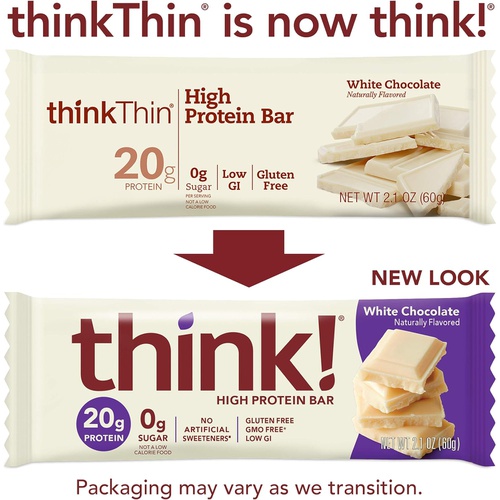  think! (thinkThin) High Protein Bars - Brownie Crunch, 20g Protein, 0g Sugar, No Artificial Sweeteners** Gluten Free, GMO Free*, 2.1 Ounce (10 Count) - Packaging May Vary