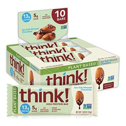 think! , Vegan/Plant Based High Protein Bars No Artificial Sweeteners, Sea Salt Almond Chocolate 10 Count