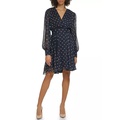 Womens Long Sleeve V-Neck Smock Waist Chiffon Dot Fit and Flare Dress