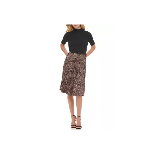 타미힐피거 Womens Short Sleeve Leopard Pleated Skirt 2Fer Dress