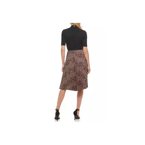 타미힐피거 Womens Short Sleeve Leopard Pleated Skirt 2Fer Dress