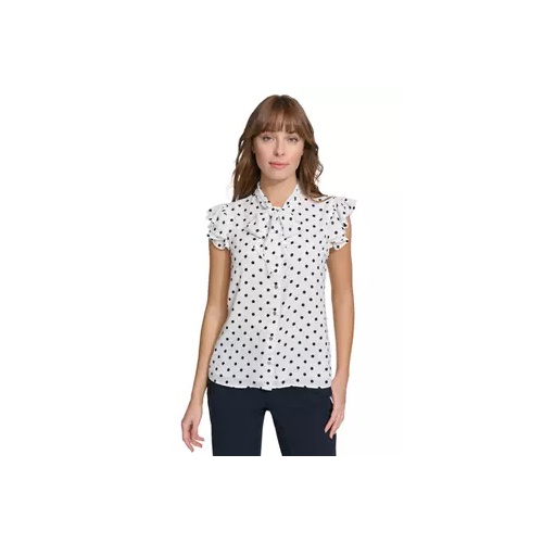 타미힐피거 Womens Dot Ruffle Sleeve Bow Blouse