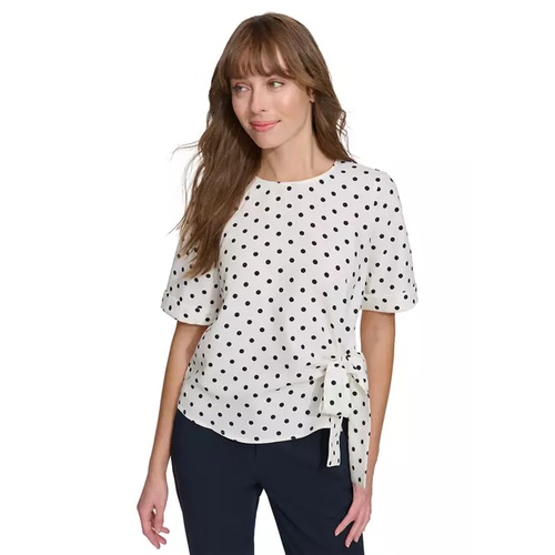 타미힐피거 Womens Short Sleeve Dot Tie Front Blouse