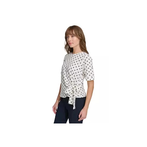 타미힐피거 Womens Short Sleeve Dot Tie Front Blouse