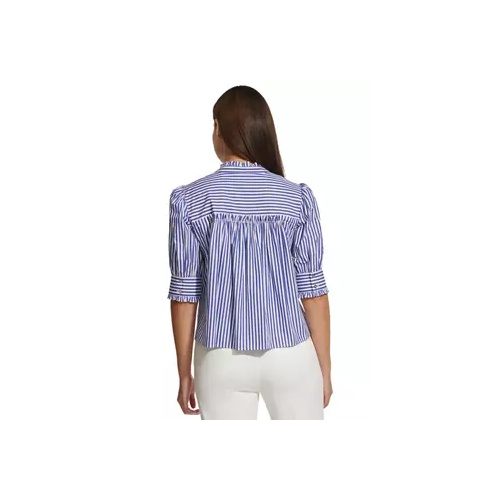 타미힐피거 Womens Short Sleeve Striped Ruffle Button Up Blouse