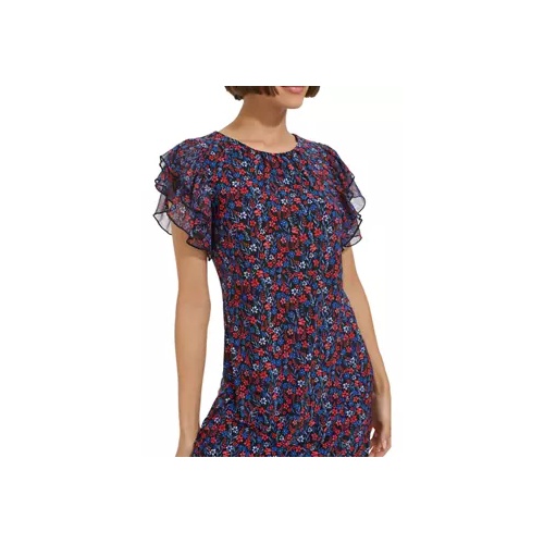 타미힐피거 Womens Flutter Sleeve Floral Jersey A-Line Dress