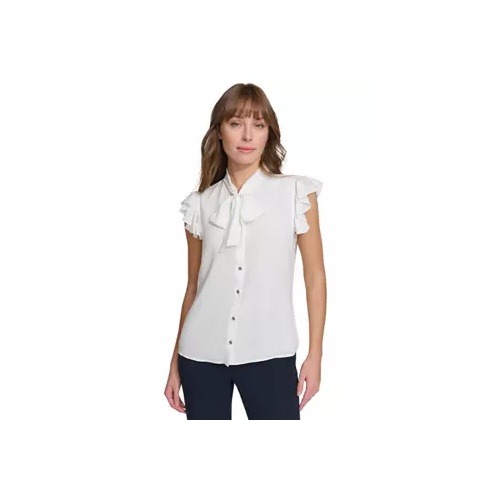 타미힐피거 Womens Solid Ruffle Sleeve Button Down Blouse