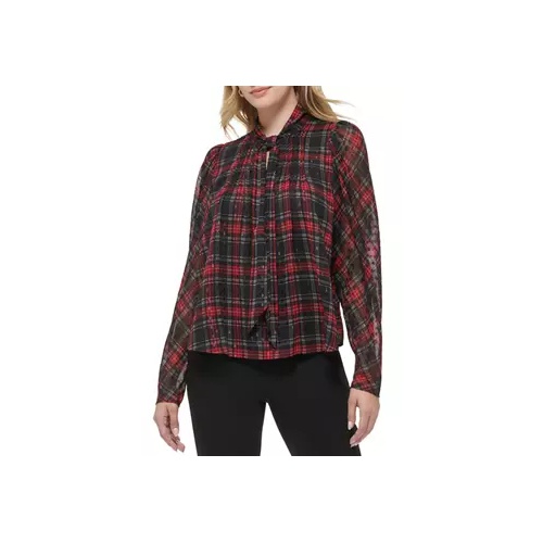 타미힐피거 Womens Long Sleeve Pleat Front Bow Neck Plaid Blouse