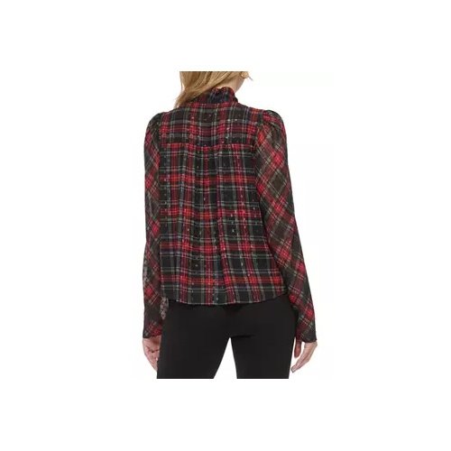 타미힐피거 Womens Long Sleeve Pleat Front Bow Neck Plaid Blouse