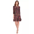 Womens 3/4 Sleeve Casbah Paisley Ruffle Hem Shift Dress