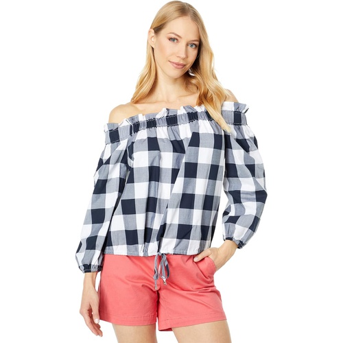 타미힐피거 Tommy Hilfiger Gingham Off-the-Shoulder Blouse with Tie Hem