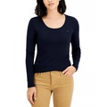 Womens Solid Scoop-Neck Long-Sleeve Top