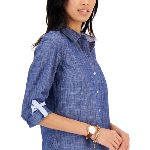 타미힐피거 Womens Cotton Printed Roll-Tab Utility Shirt