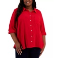 Plus Size Roll-Tab-Sleeve Button-Down Emblem Shirt