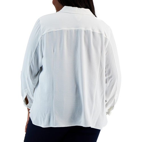 타미힐피거 Plus Size Roll-Tab-Sleeve Button-Down Emblem Shirt