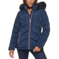 Womens Faux-Fur-Trim Hooded Puffer Coat