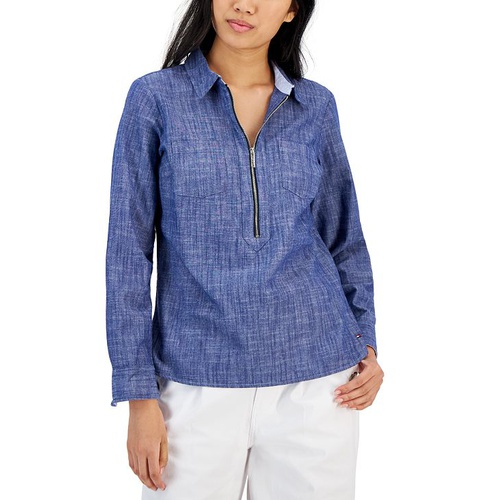 타미힐피거 Womens Half-Zip Roll-Tab Shirt