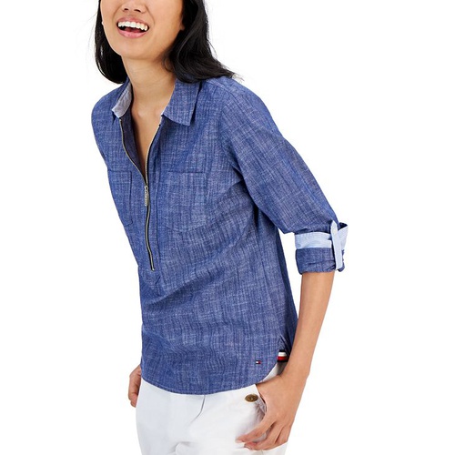 타미힐피거 Womens Half-Zip Roll-Tab Shirt