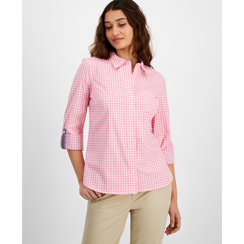 타미힐피거 Womens Cotton Gingham Roll-Tab Shirt