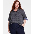 Plus Size Cotton Printed Roll-Tab Shirt