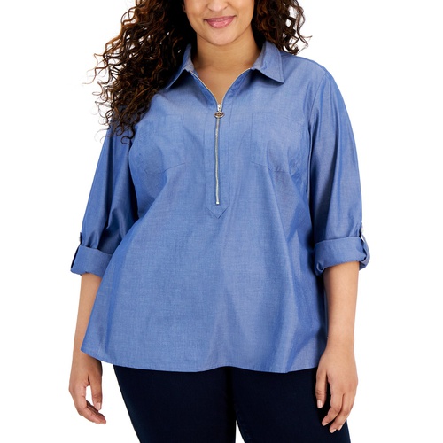 타미힐피거 Plus Size Chambray 1/2-Zip Roll-Tab-Sleeve Cotton Popover Shirt