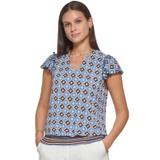 Womens Printed V-Neck Flutter-Sleeve Top