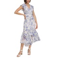 Womens Floral-Print Flutter-Sleeve Midi Dress