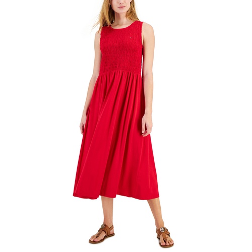 타미힐피거 Womens Logo Solid-Color Smocked Sleeveless Dress