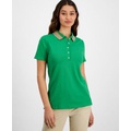 Womens Stripe-Collar Shirt-Sleeve Polo Shirt