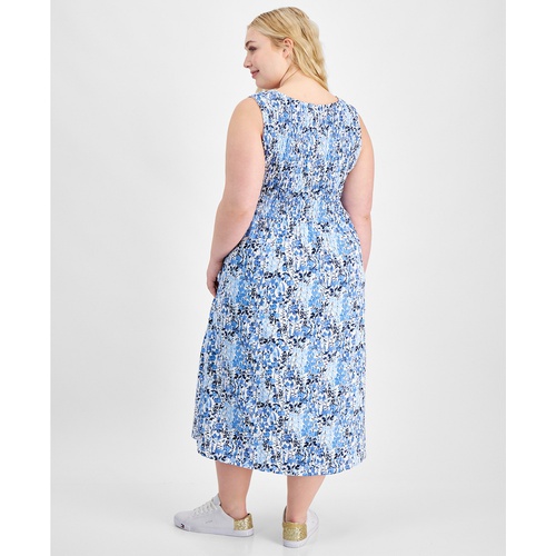 타미힐피거 Plus Size Smocked-Bodice Floral-Print Dress